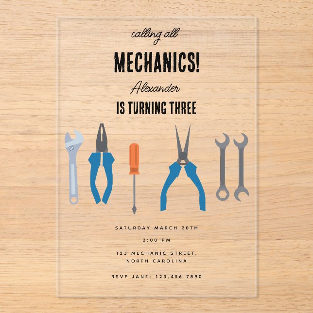Car Mechanic Automotive Tools Boy Birthday Party Acrylic Invitations (Front)