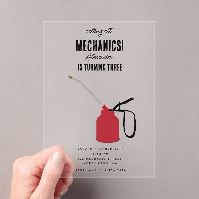 Car Mechanic Automotive Tools Boy Birthday Party Acrylic Invitations (Insitu (Handheld))