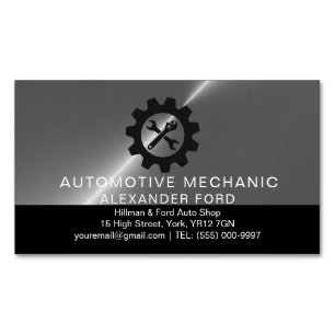 car mechanic garage Metallic silver shiny steel Magnetic Business Card