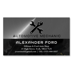 car mechanic garage Metallic silver shiny steel Magnetic Business Card