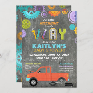 Car Mechanic Gears Tools Chalkboard Baby Shower Invitation