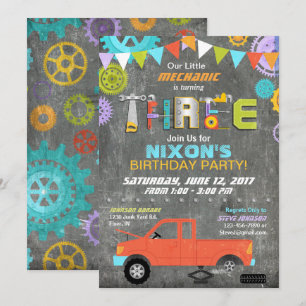 Car Mechanic Gears Tools Chalkboard Birthday Invitation