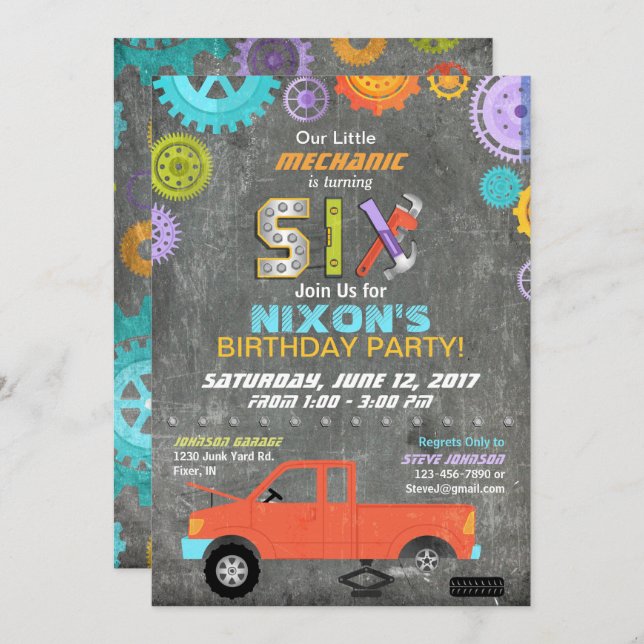 Car Mechanic Gears Tools Chalkboard Birthday Invitation (Front/Back)