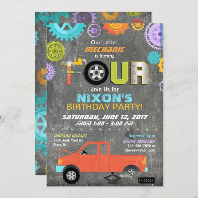 Car Mechanic Gears Tools Chalkboard Birthday Invitation (Front/Back)