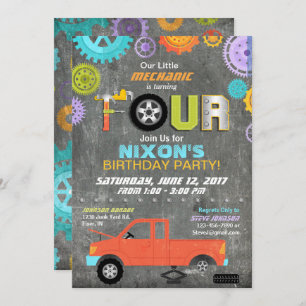 Car Mechanic Gears Tools Chalkboard Birthday Invitation