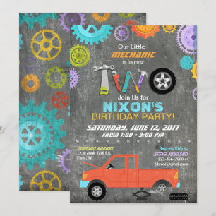 Car Mechanic Gears Tools Chalkboard Birthday Invitation