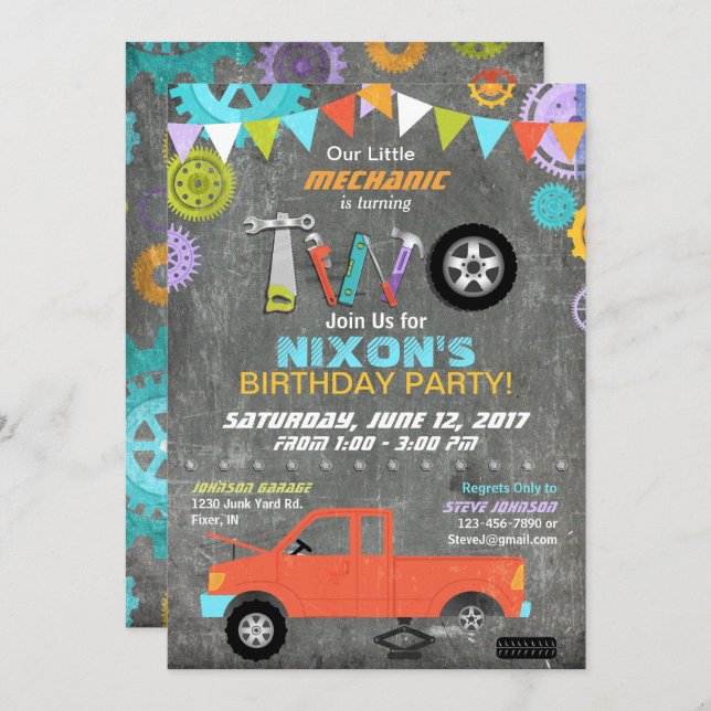 Car Mechanic Gears Tools Chalkboard Birthday Invitation (Front/Back)