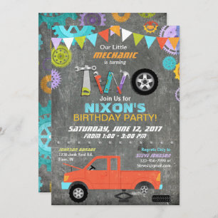 Car Mechanic Gears Tools Chalkboard Birthday Invitation