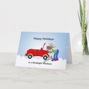 Car Mechanice Reindeer Fixing Red Car Holiday Card