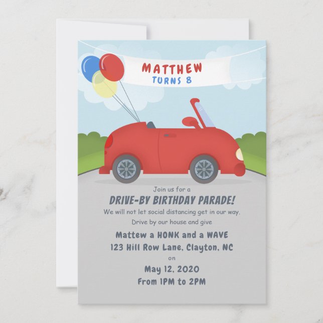 Car Parade Social Distancing Birthday Invitation (Front)