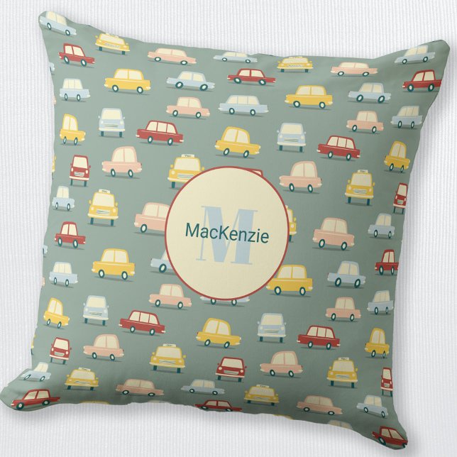 Car Personalised Sage Green Cushion (Fun retro car pattern personalized monogram initial name throw pillow)