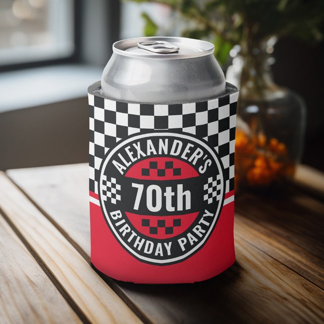 Car Racing Chequered Flag Birthday Party Can Cooler (Personalized Can Cooler - add a name and custom text to this sports jersey design)