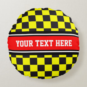 Car Racing / Chess Pattern + your backgr. & text Round Cushion