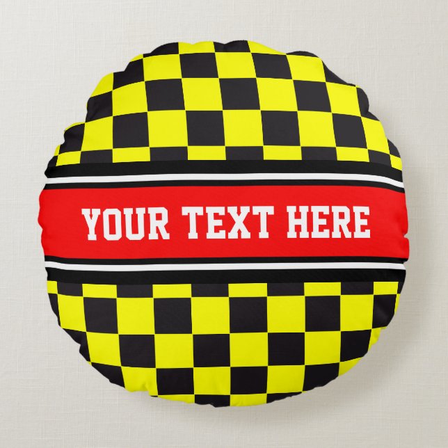 Car Racing / Chess Pattern + your backgr. & text Round Cushion (Front)