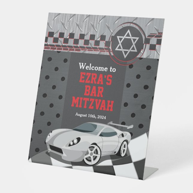 Car Racing Racecar Bar Mitzvah Pedestal Sign (Front)