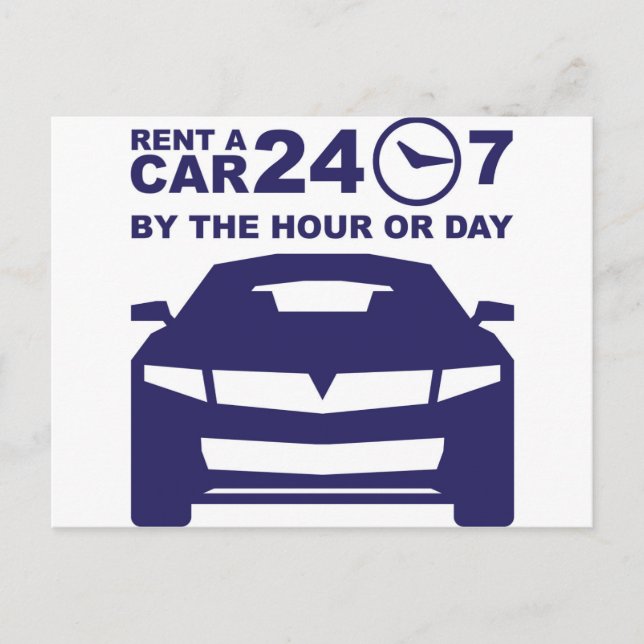 Car rentals by the hour or day 24-7 postcard (Front)