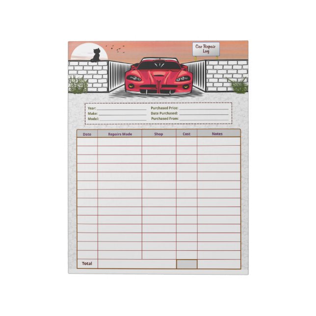 Car Repair Log Notepad (Rotated)