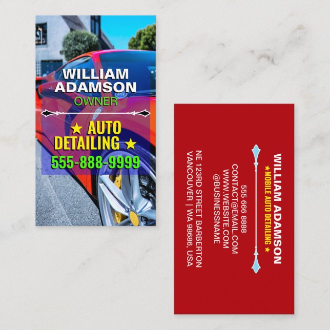 Car Sales, Auto Repair, Red Cool Auto Detailing Business Card (Front/Back)