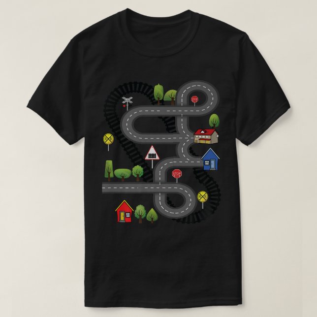 Car Train Road Track Toy Playmat Back Design Funny T-Shirt (Design Front)
