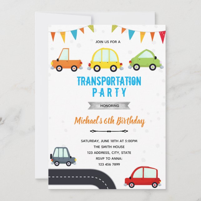 Car transportation vehicle birthday invitation (Front)