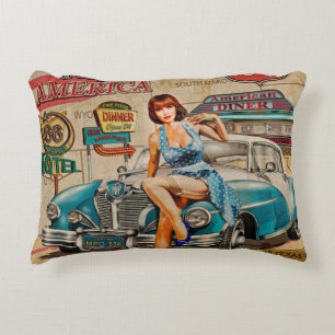 Car travel through America vintage poster. 66,rout Decorative Cushion