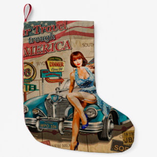 Car travel through America vintage poster. 66,rout Small Christmas Stocking