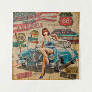Car travel through America vintage poster. 66,rout Tapestry