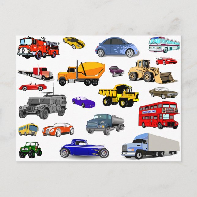 car truck firetruck bulldozer bus race cars more postcard (Front)