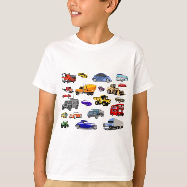 car truck firetruck bulldozer bus race cars more T-Shirt (Front)