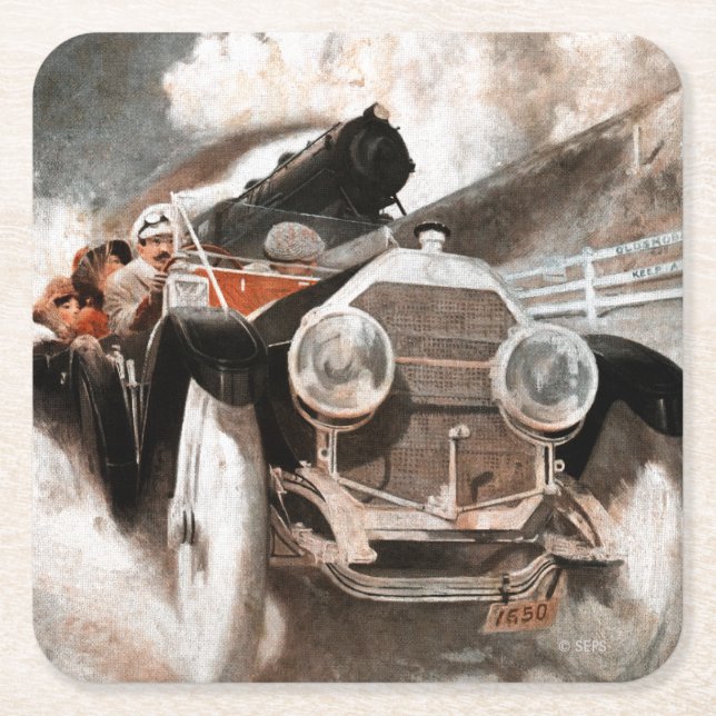 Car vs Train by William Harnden Foster Square Paper Coaster (Front)