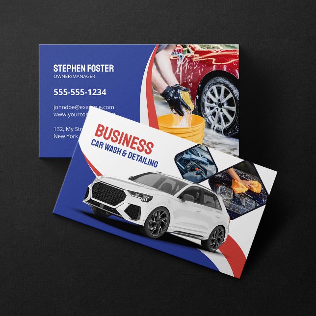 Car Wash Auto Detailing Cleaning Automotive Blue Business Card (Creator Uploaded)