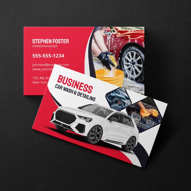 Car Wash Auto Detailing Cleaning Automotive Red Business Card (Creator Uploaded)