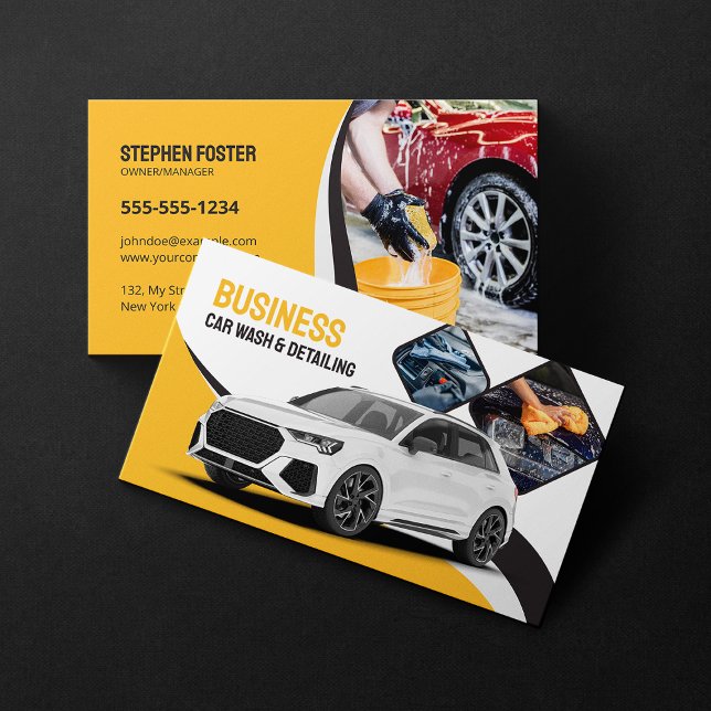 Car Wash Auto Detailing Cleaning Automotive Yellow Business Card (Creator Uploaded)