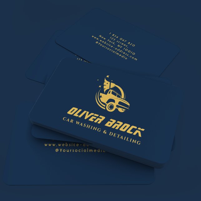 Car Wash & Auto Detailing Navy Blue & Gold Business Card (Creator Uploaded)