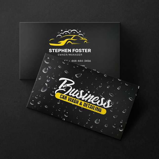 Car Wash & Auto detailing Water Drop Black Yellow Business Card (Creator Uploaded)