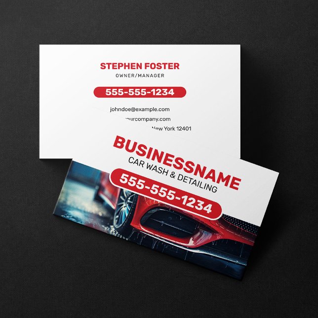 Car wash Car Cleaning Auto detailing Red & White Business Card (Creator Uploaded)