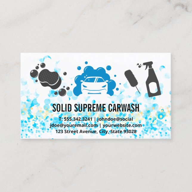 Car Wash | Cleaning Tools | Soap Bubbles Business Card (Front)