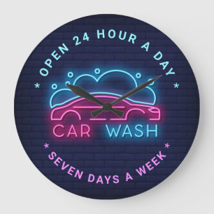 Car Wash Neon Look Custom Text Large Clock