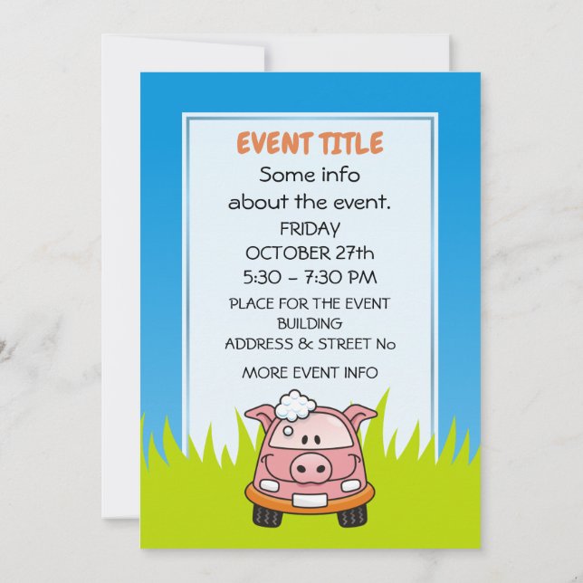 Car Wash Pig Invitation (Back)