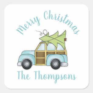 Car with Christmas Tree Square Sticker