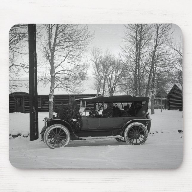 Car with Christmas tree tied on the hood Mouse Pad (Front)