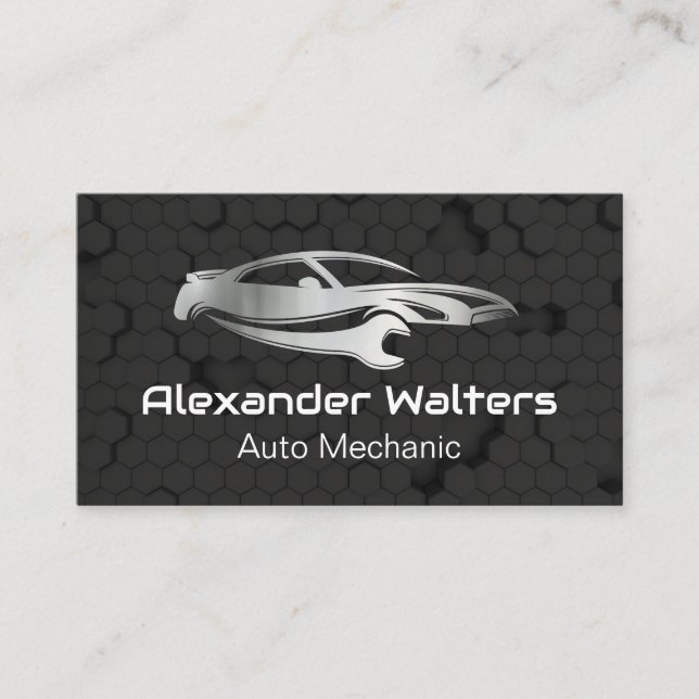 Car Wrench Metal Logo | Mechanic Business Card (Front)