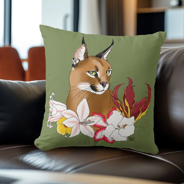 Caracal Wild Cat Floral Green Cushion (Creator Uploaded)