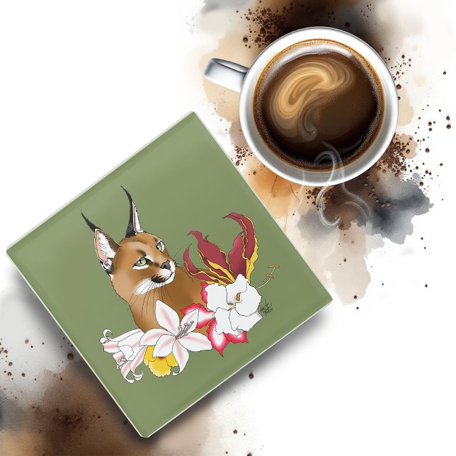 Caracal Wild cat Floral Green Glass Coaster (Creator Uploaded)