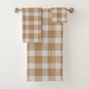 Caramel and White Checkered Plaid Bath Towel Set