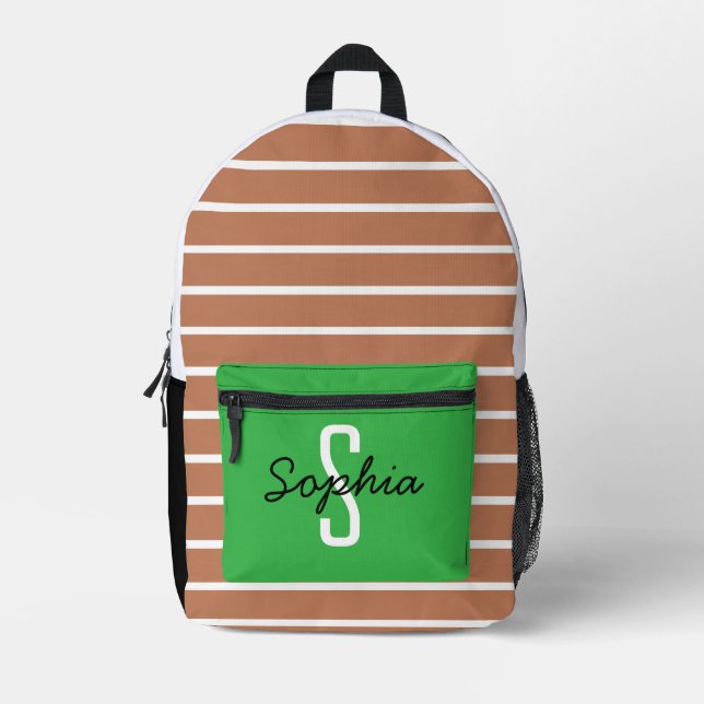 Caramel and White Stripes with Fresh Green Pocket  Printed Backpack (Front)