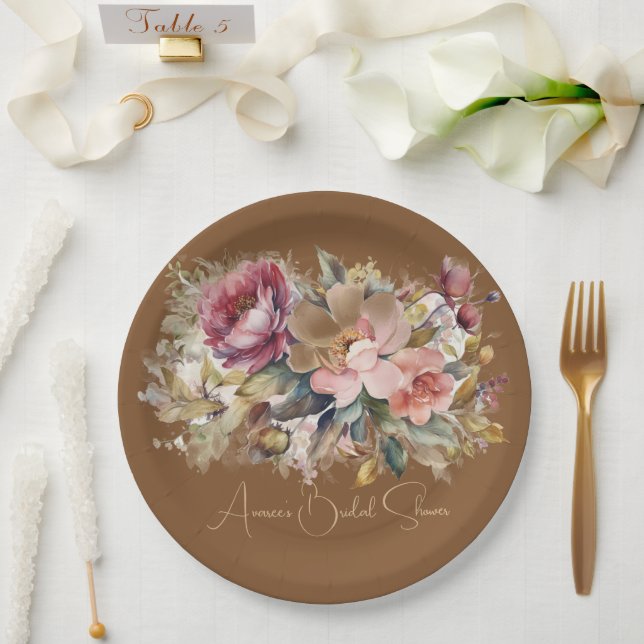 Caramel Brown Pink Peach Burgundy  Floral Shower Paper Plate (Wedding)