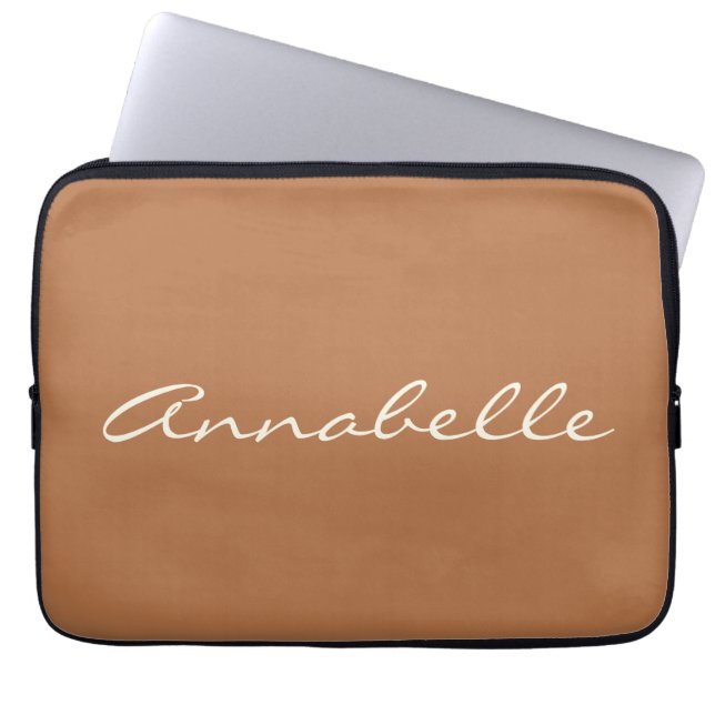 Caramel Brown Script Name Minimalist Personalised Laptop Sleeve (Front)