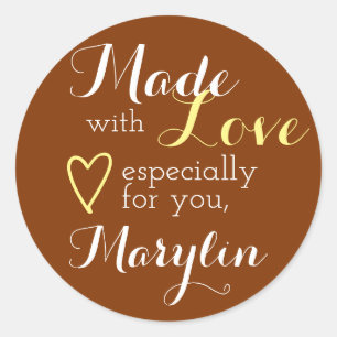 Caramel Brown Yellow Simple Made with Love Heart Classic Round Sticker