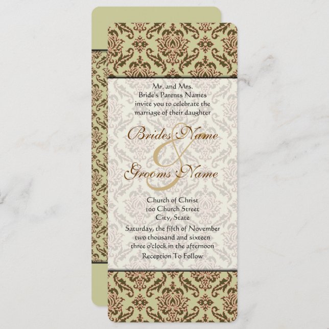 Caramel Cafe Damask Golden Lime Wedding Invitation (Front/Back)